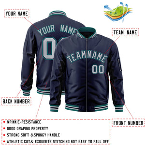 Custom Navy Gray-Aqua Varsity Full-Zip Letterman Bomber Jacket