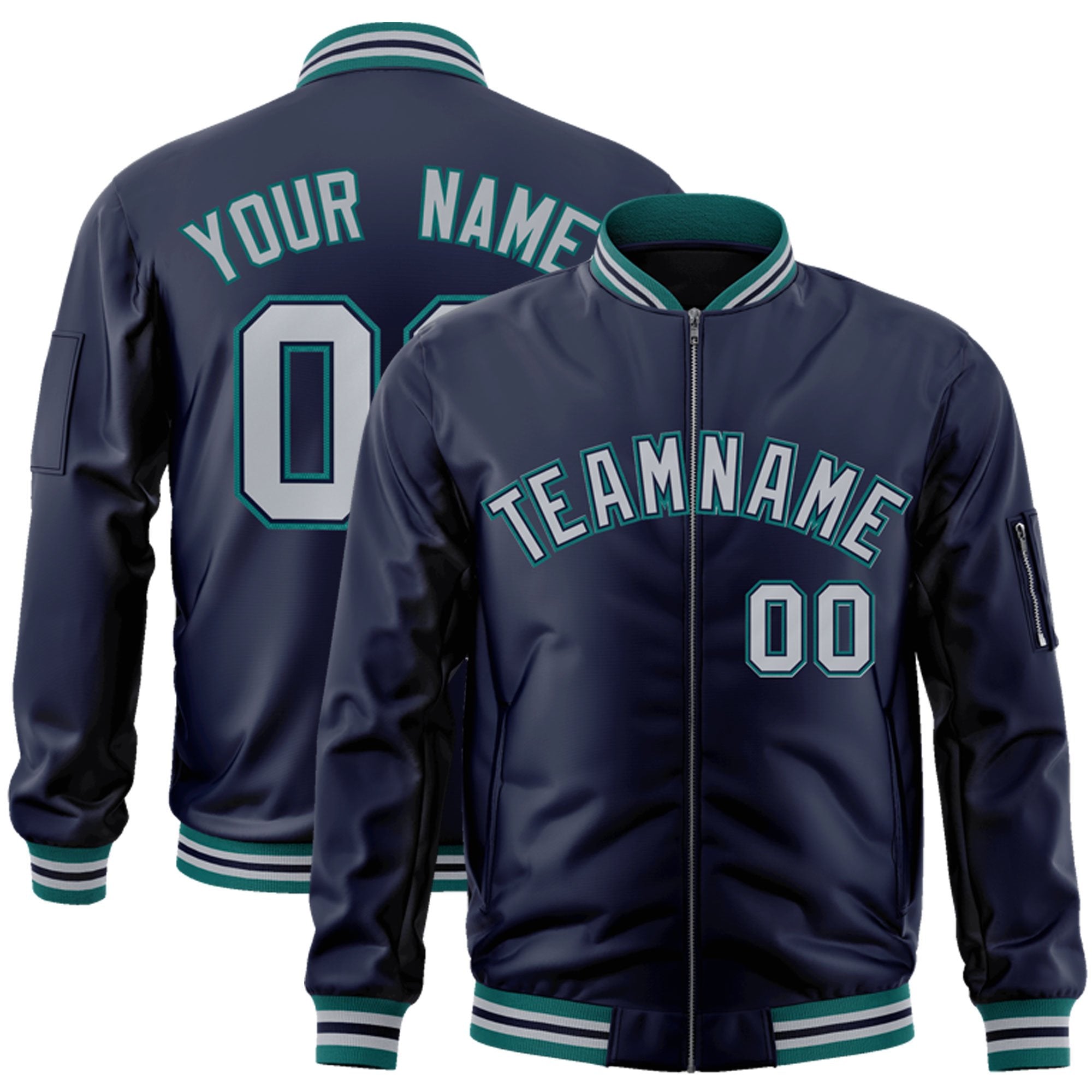 Custom Navy Gray-Aqua Varsity Full-Zip Letterman Bomber Jacket