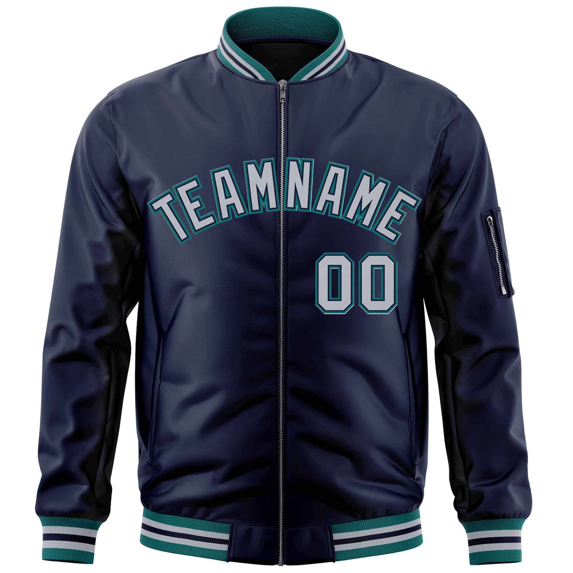 Custom Navy Gray-Aqua Varsity Full-Zip Letterman Bomber Jacket