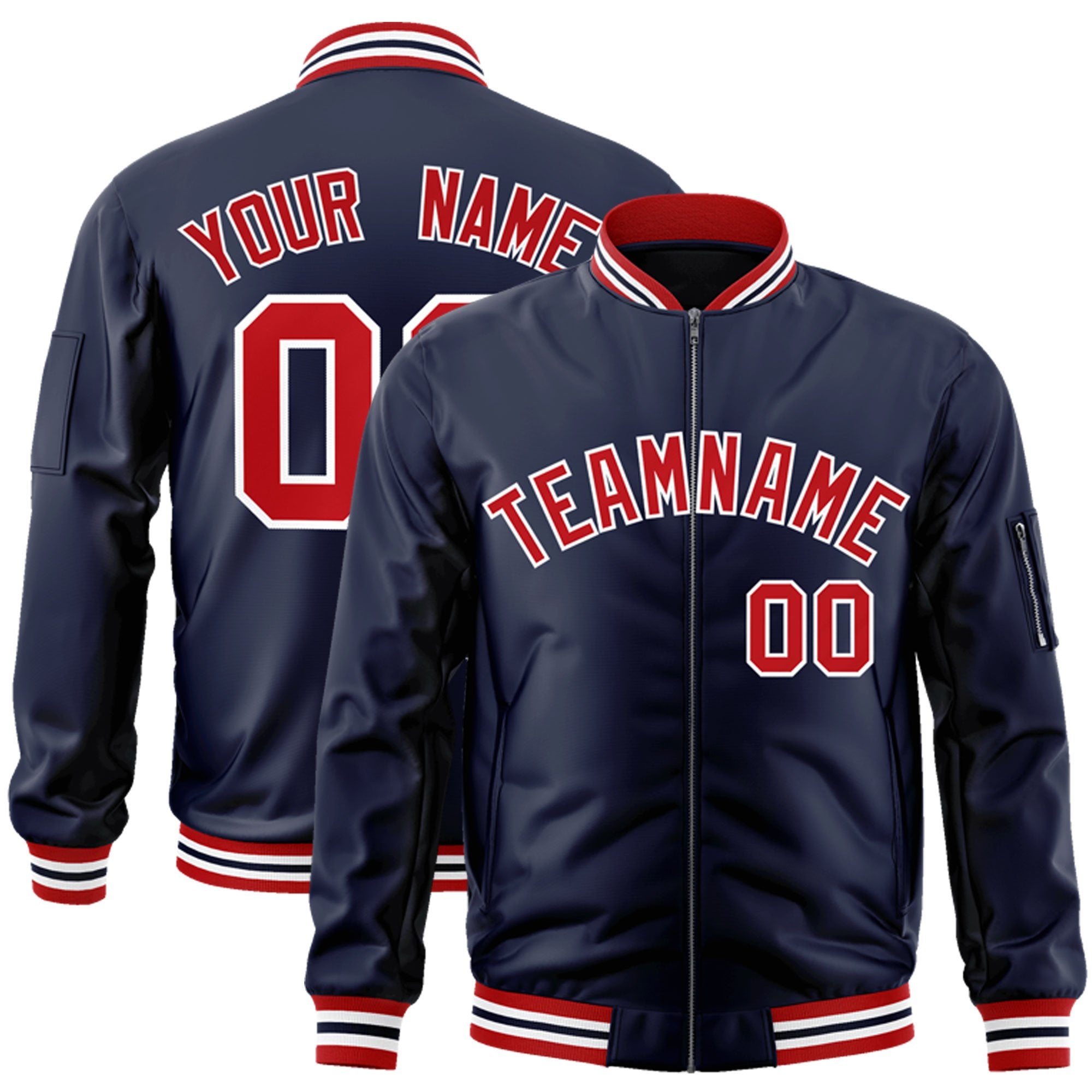 Custom Navy Red-White Varsity Full-Zip Letterman Bomber Jacket