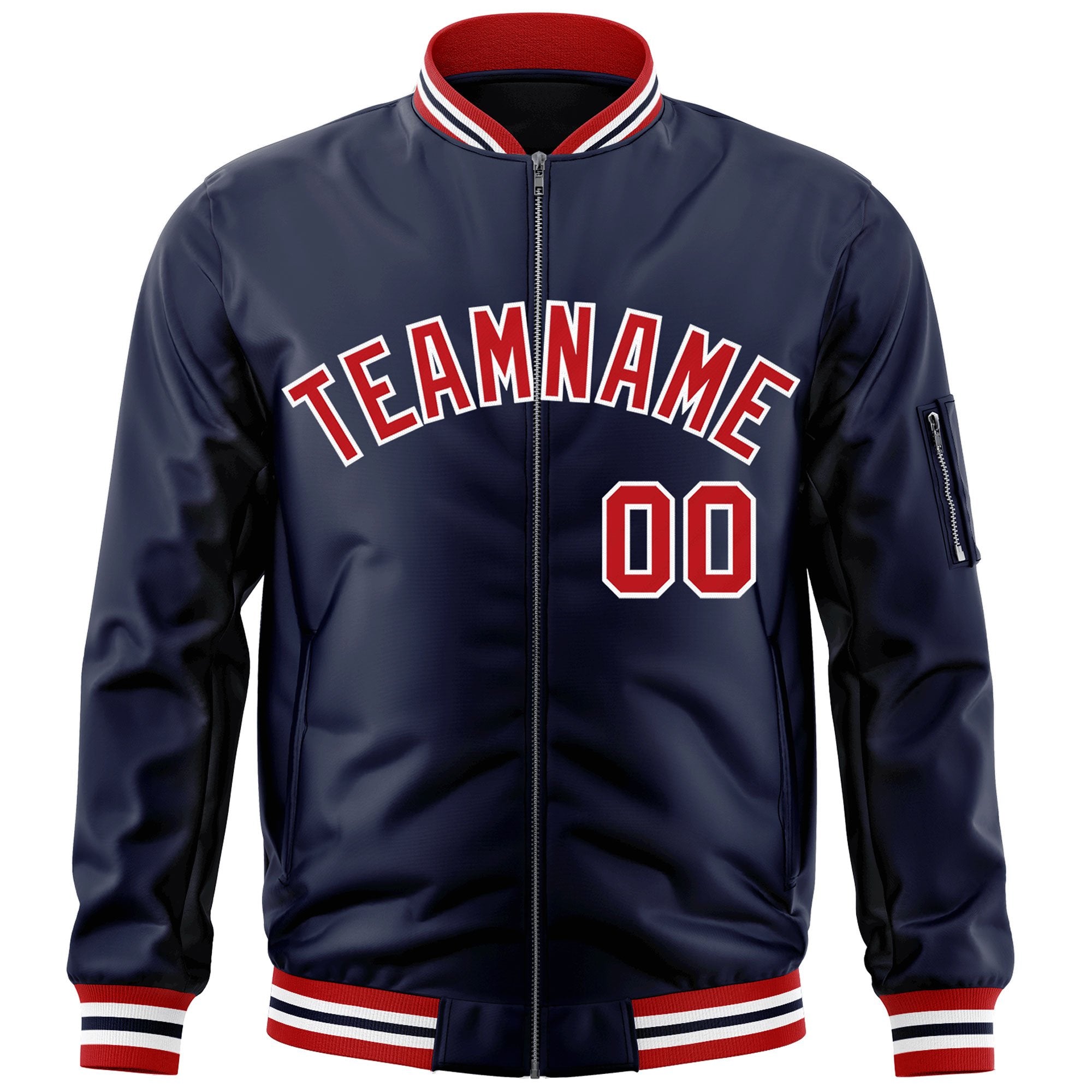 Custom Navy Red-White Varsity Full-Zip Letterman Bomber Jacket