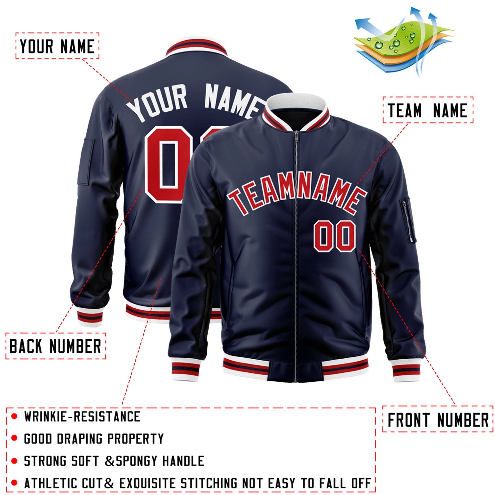 Custom Navy Red-White Varsity Full-Zip Letterman Bomber Jacket