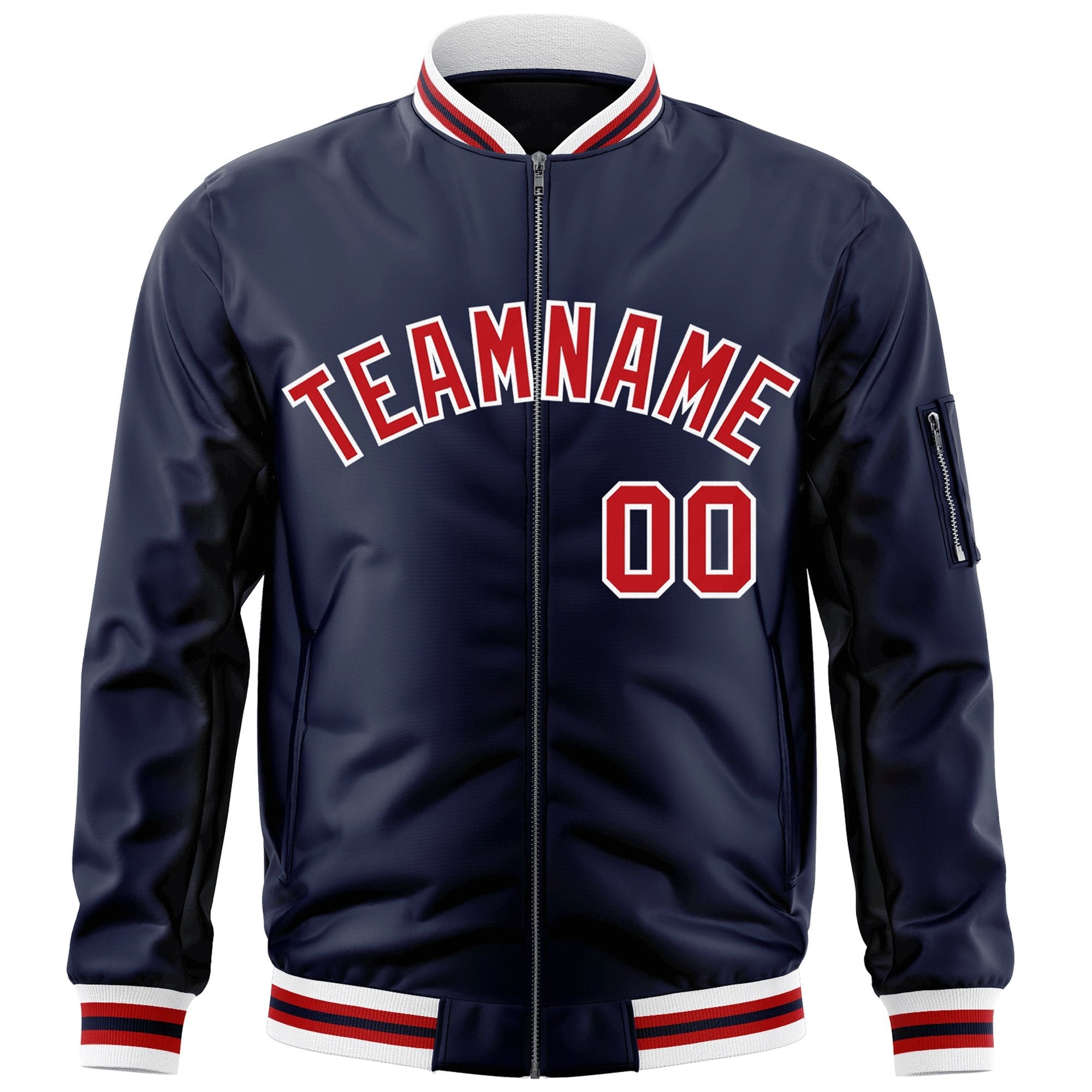 Custom Navy Red-White Varsity Full-Zip Letterman Bomber Jacket