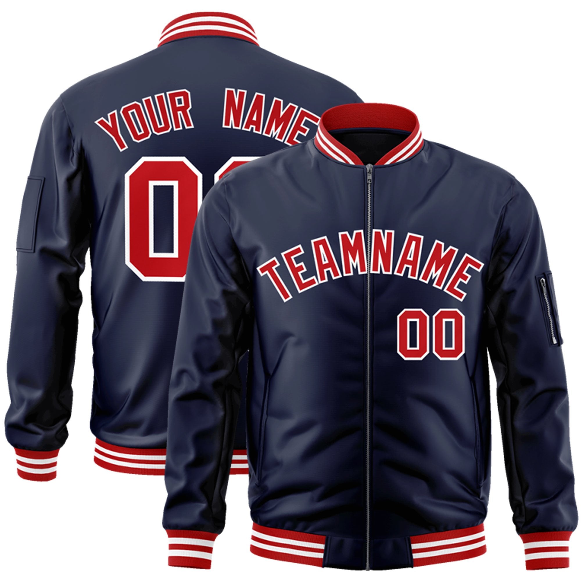 Custom Navy Red-White Varsity Full-Zip Letterman Bomber Jacket