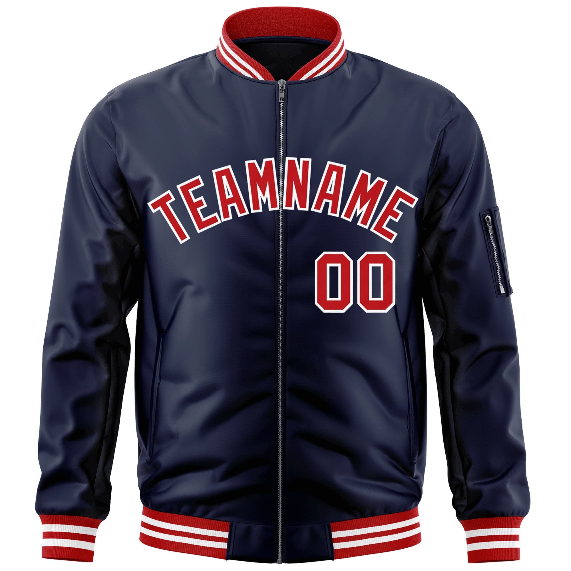 Custom Navy Red-White Varsity Full-Zip Letterman Bomber Jacket