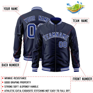 Custom Navy Royal-White Varsity Full-Zip Letterman Bomber Jacket