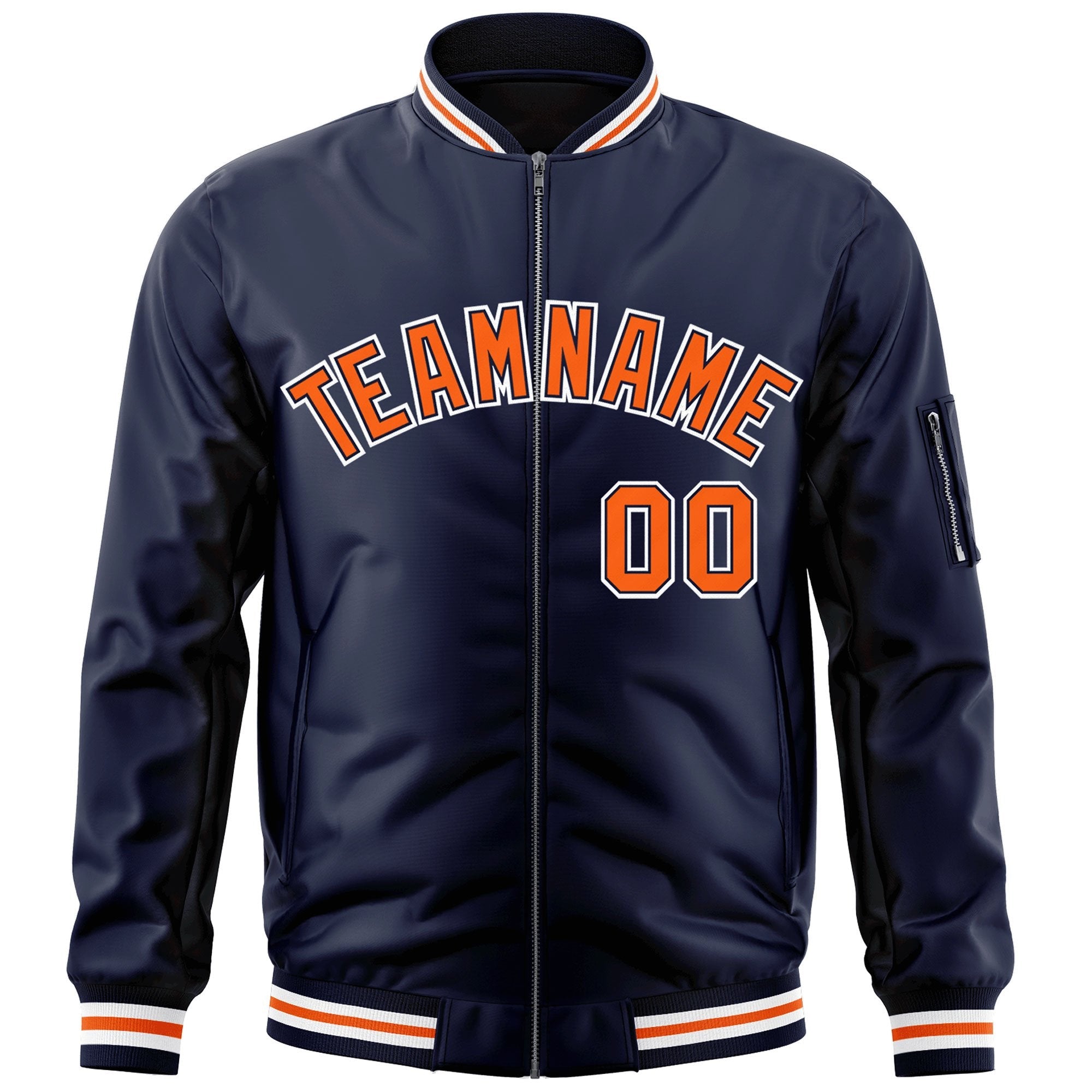 Custom Navy Orange-White Varsity Full-Zip Letterman Bomber Jacket