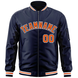 Custom Navy Orange-White Varsity Full-Zip Letterman Bomber Jacket