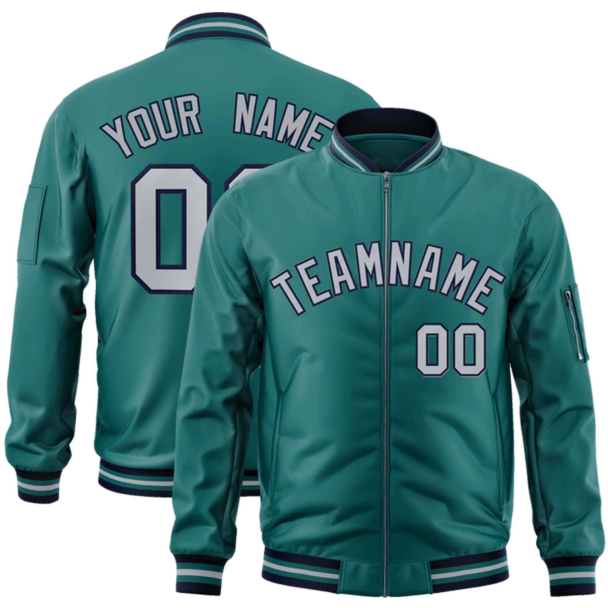 Custom Aqua Gray-Navy Varsity Full-Zip Letterman Bomber Jacket