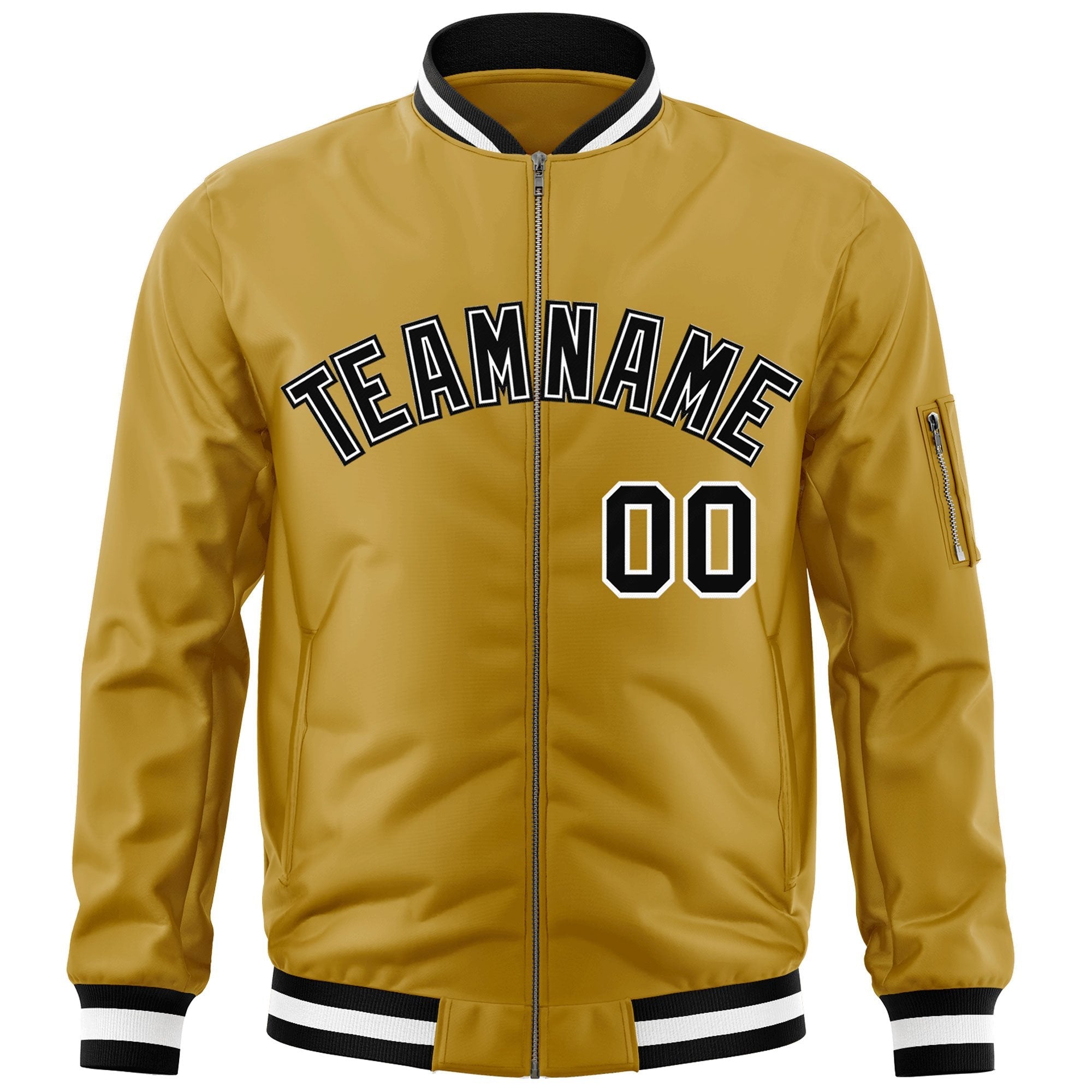 Custom Old Gold Black-White Varsity Full-Zip Letterman Bomber Jacket