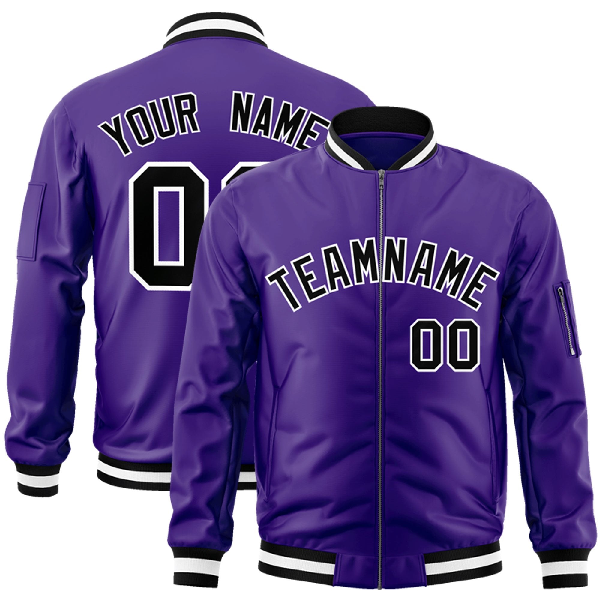 Custom Purple Black-White Varsity Full-Zip Letterman Bomber Jacket