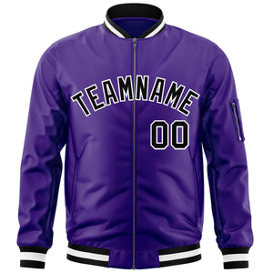 Custom Purple Black-White Varsity Full-Zip Letterman Bomber Jacket