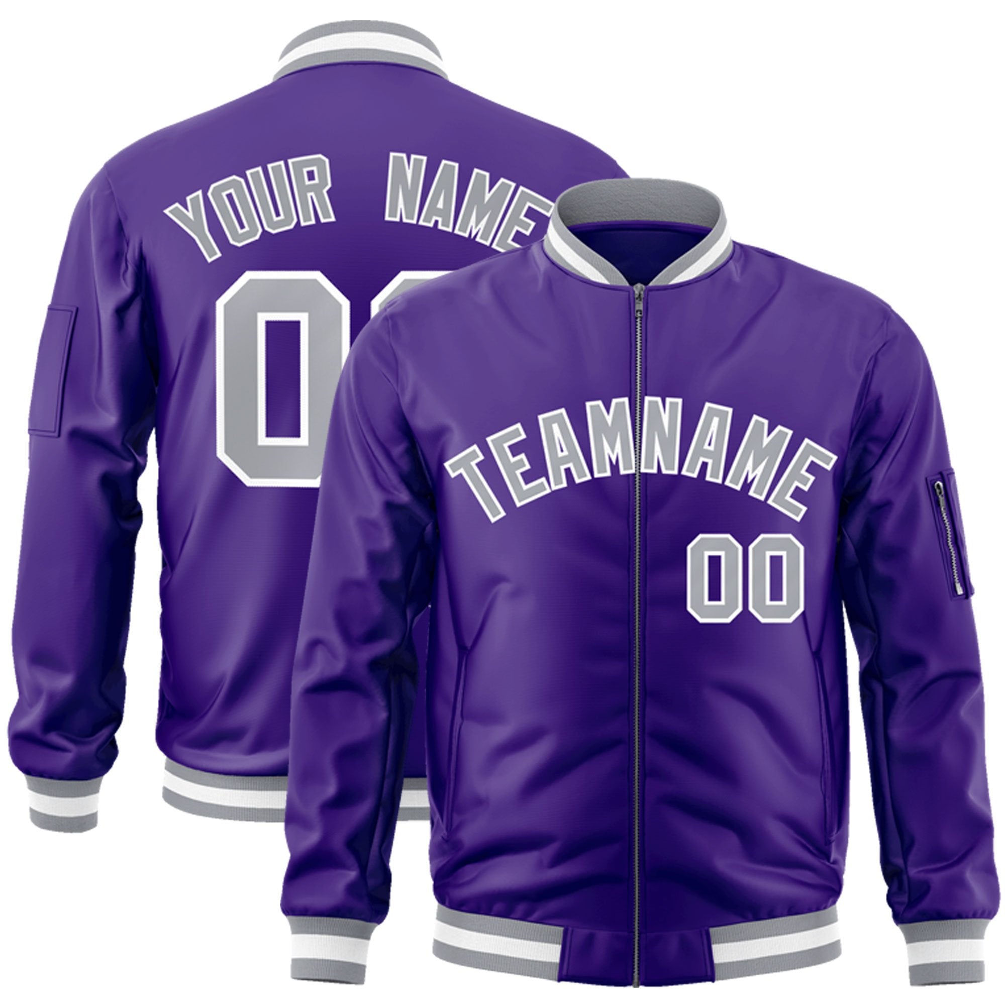 Custom Purple Gray-White Varsity Full-Zip Letterman Bomber Jacket