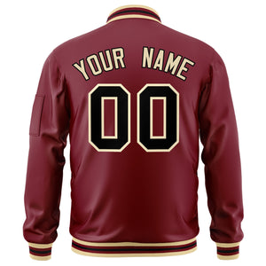 Custom Crimson Black-Khaki Varsity Full-Zip Letterman Bomber Jacket