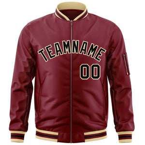 Custom Crimson Black-Khaki Varsity Full-Zip Letterman Bomber Jacket