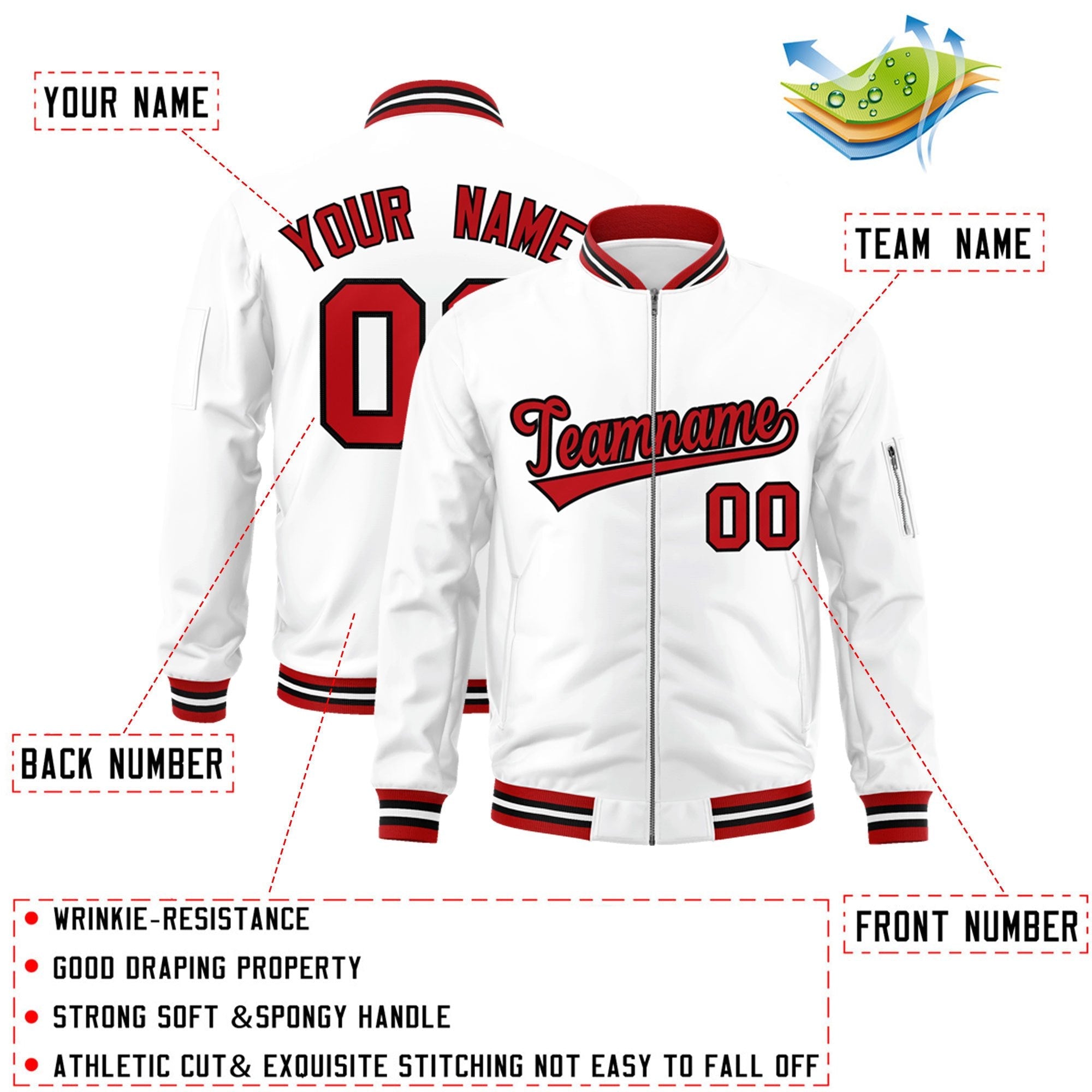 Custom White Red-Black Varsity Full-Zip Letterman Bomber Jacket