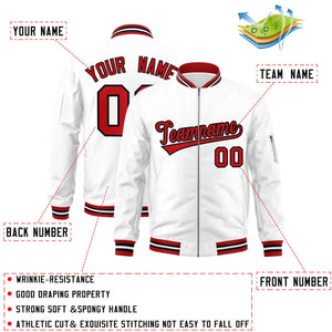 Custom White Red-Black Varsity Full-Zip Letterman Bomber Jacket