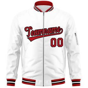 Custom White Red-Black Varsity Full-Zip Letterman Bomber Jacket