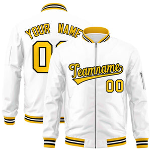 Custom White Yellow-Black Varsity Full-Zip Letterman Bomber Jacket