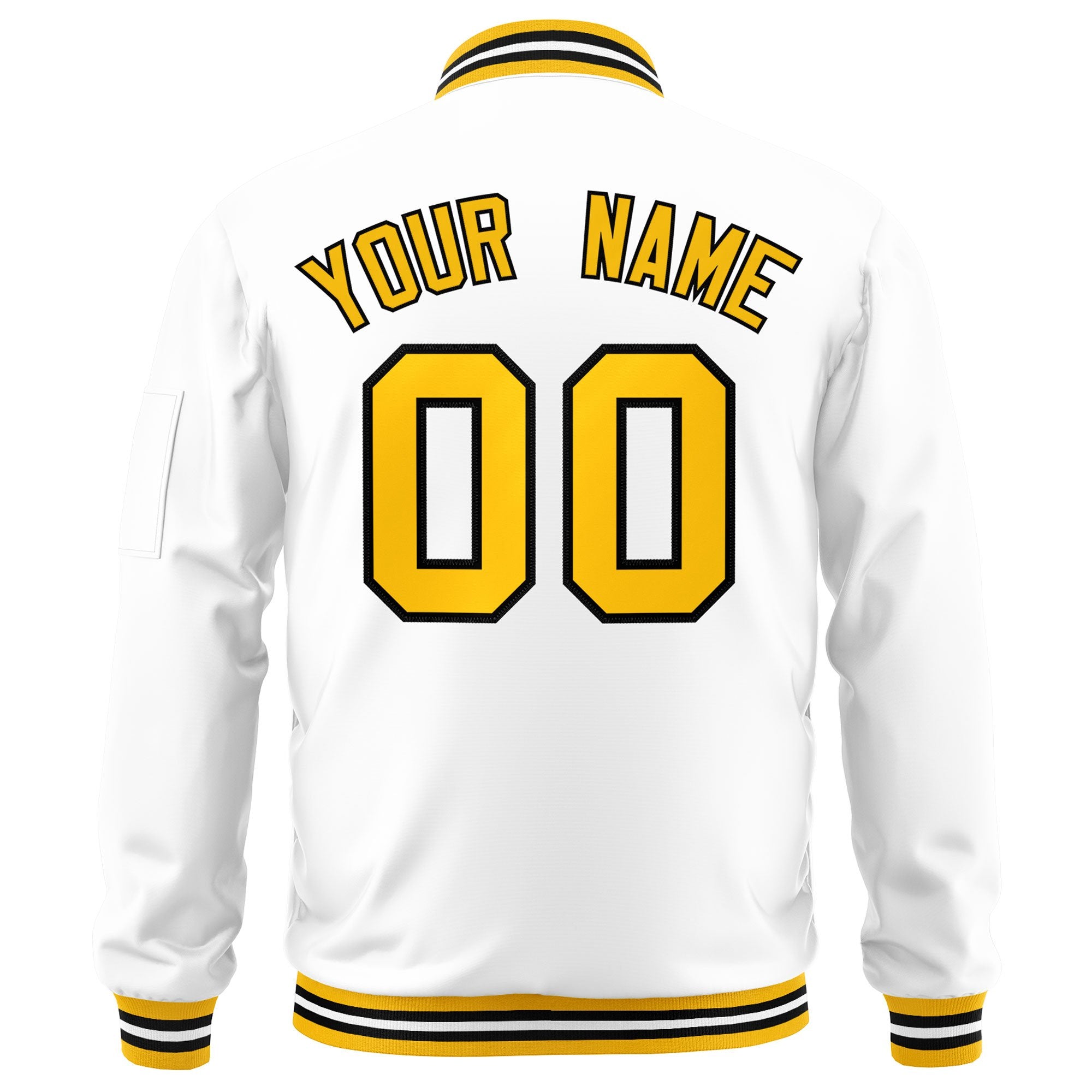 Custom White Yellow-Black Varsity Full-Zip Letterman Bomber Jacket