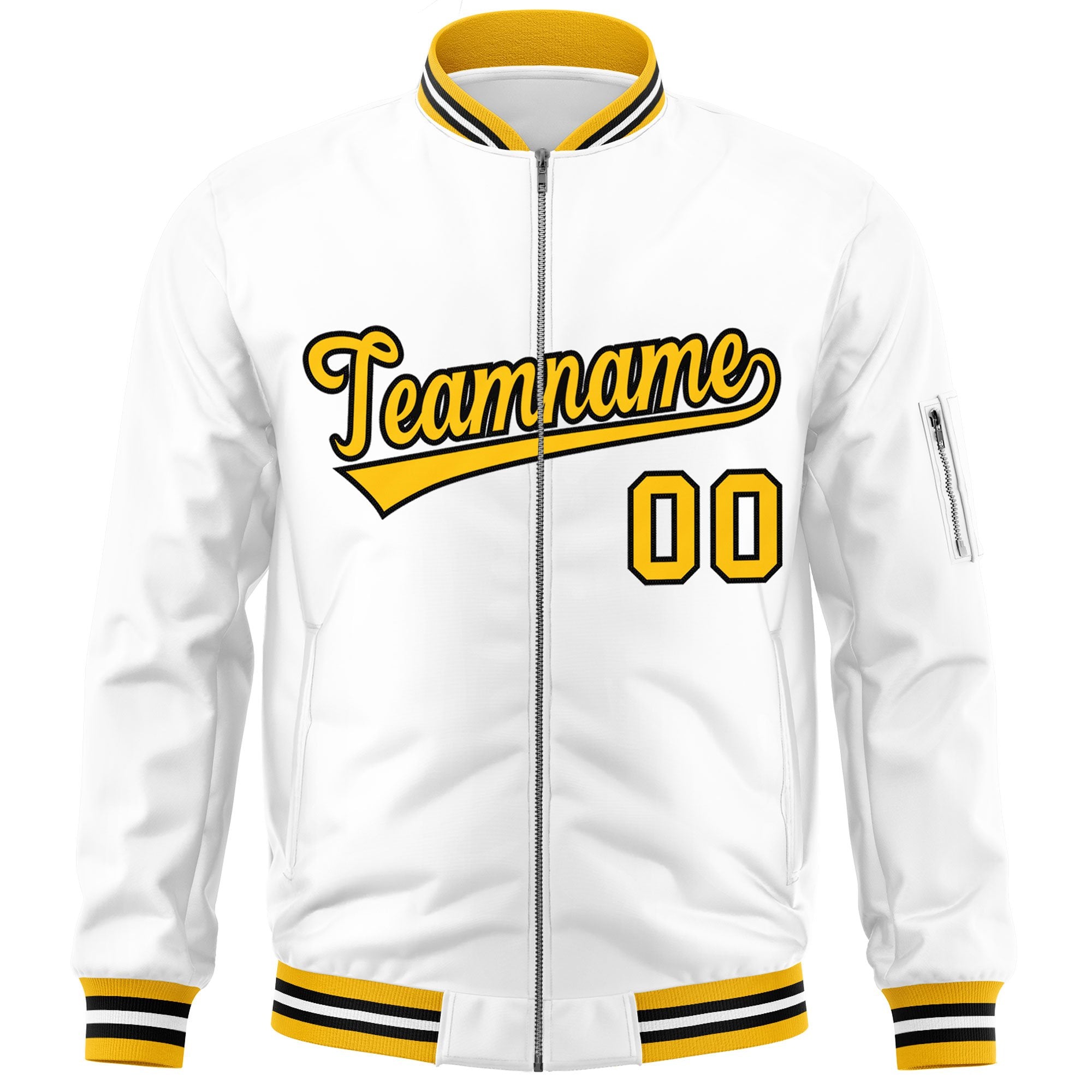 Custom White Yellow-Black Varsity Full-Zip Letterman Bomber Jacket