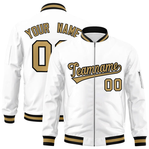 Custom White Old Gold-Black Varsity Full-Zip Letterman Bomber Jacket