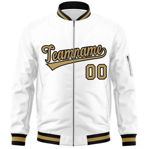 Custom White Old Gold-Black Varsity Full-Zip Letterman Bomber Jacket