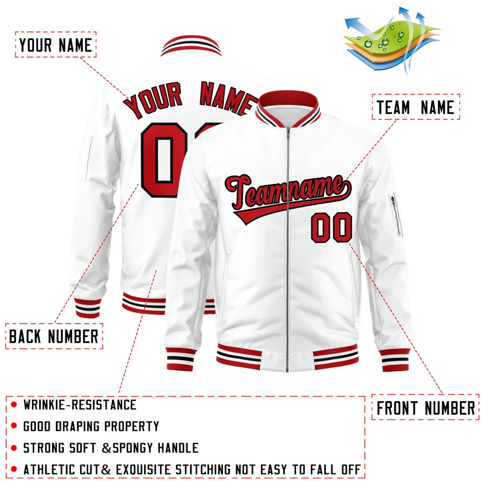 Custom White Red-Black Varsity Full-Zip Letterman Bomber Jacket