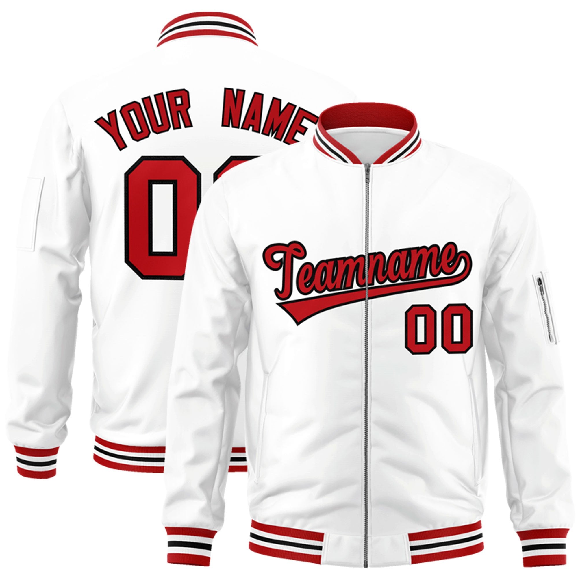 Custom White Red-Black Varsity Full-Zip Letterman Bomber Jacket