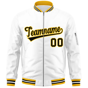 Custom White Black-Gold Varsity Full-Zip Letterman Bomber Jacket