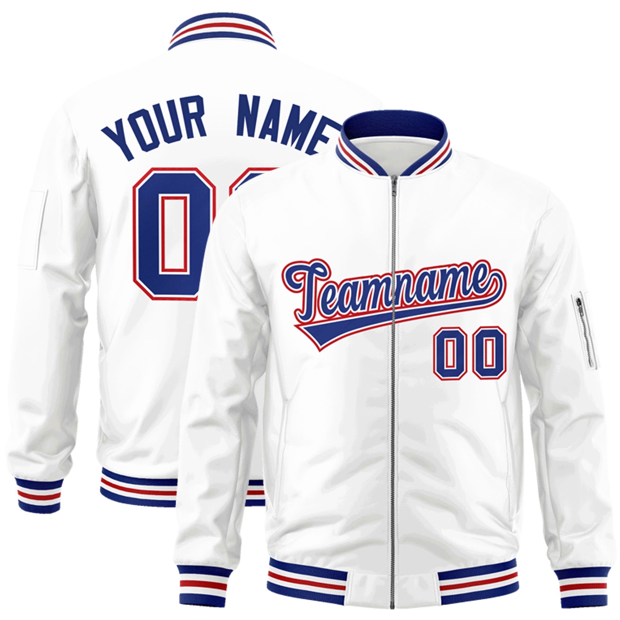 Custom White Royal-Red Varsity Full-Zip Letterman Bomber Jacket