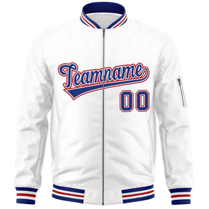 Custom White Royal-Red Varsity Full-Zip Letterman Bomber Jacket