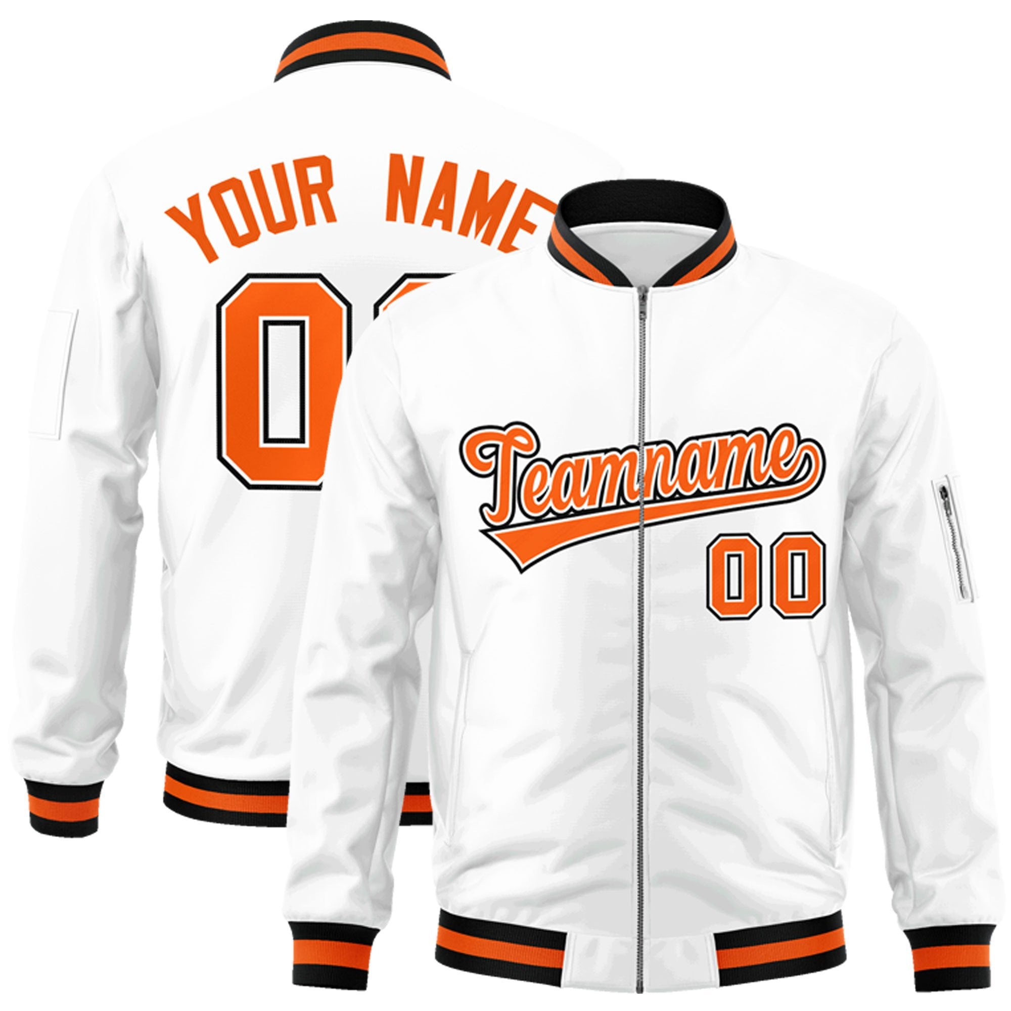 Custom White Orange-Black Varsity Full-Zip Letterman Bomber Jacket