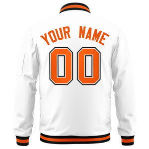 Custom White Orange-Black Varsity Full-Zip Letterman Bomber Jacket