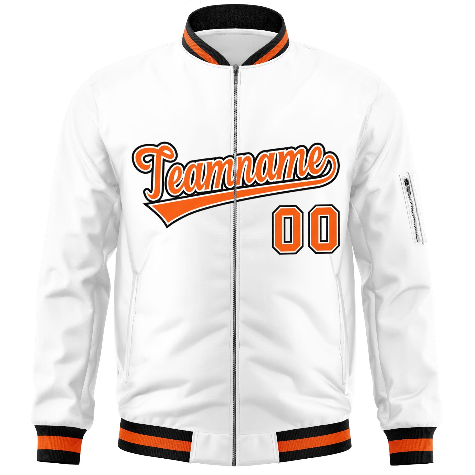 Custom White Orange-Black Varsity Full-Zip Letterman Bomber Jacket