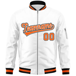 Custom White Orange-Black Varsity Full-Zip Letterman Bomber Jacket