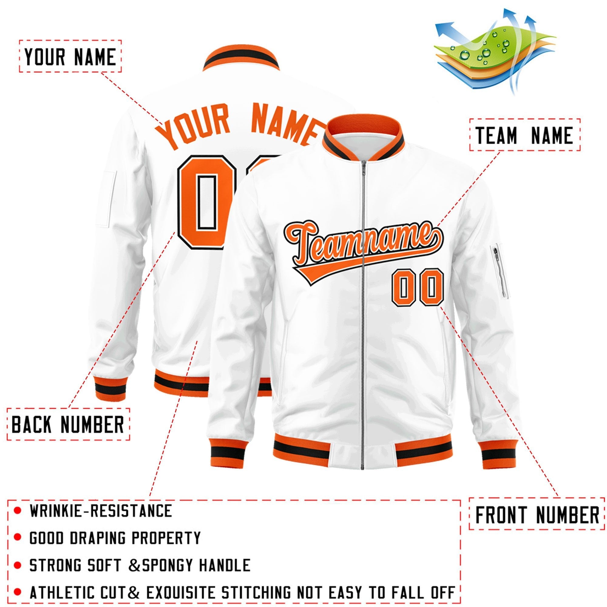 Custom White Orange-Black Varsity Full-Zip Letterman Bomber Jacket