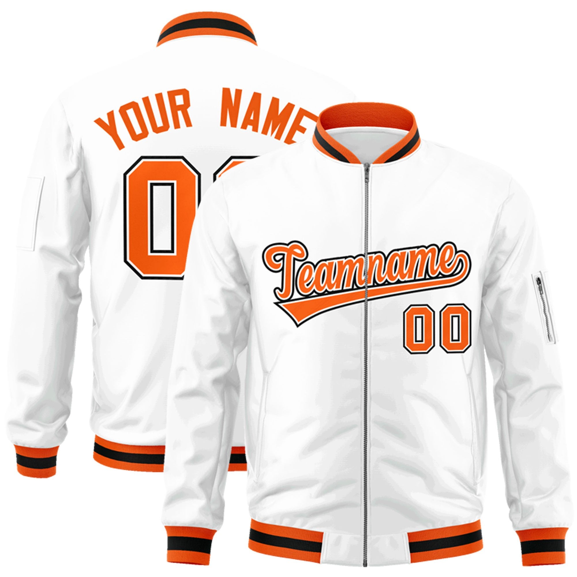 Custom White Orange-Black Varsity Full-Zip Letterman Bomber Jacket