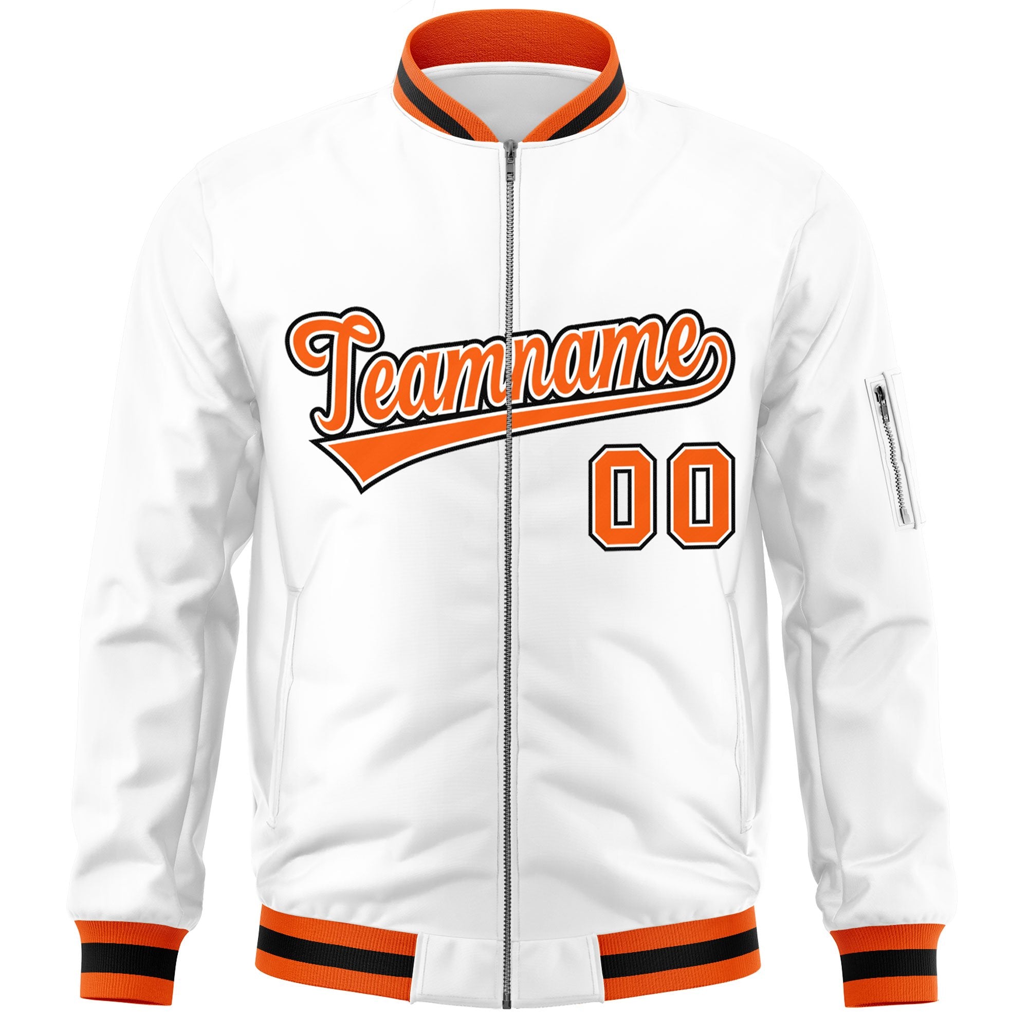 Custom White Orange-Black Varsity Full-Zip Letterman Bomber Jacket