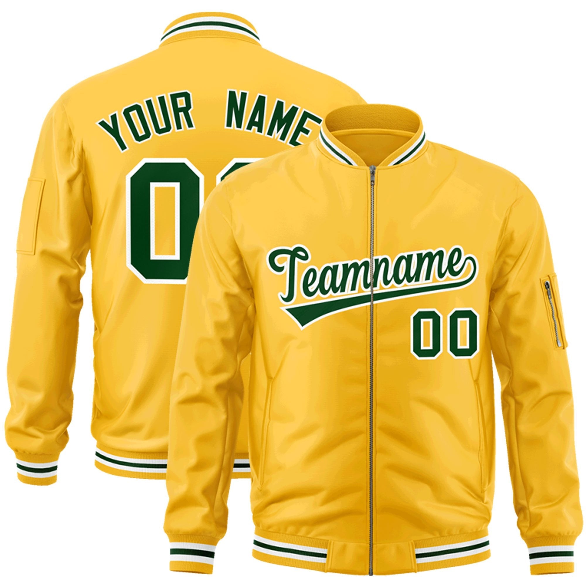 Custom Gold Green-White Varsity Full-Zip Letterman Bomber Jacket