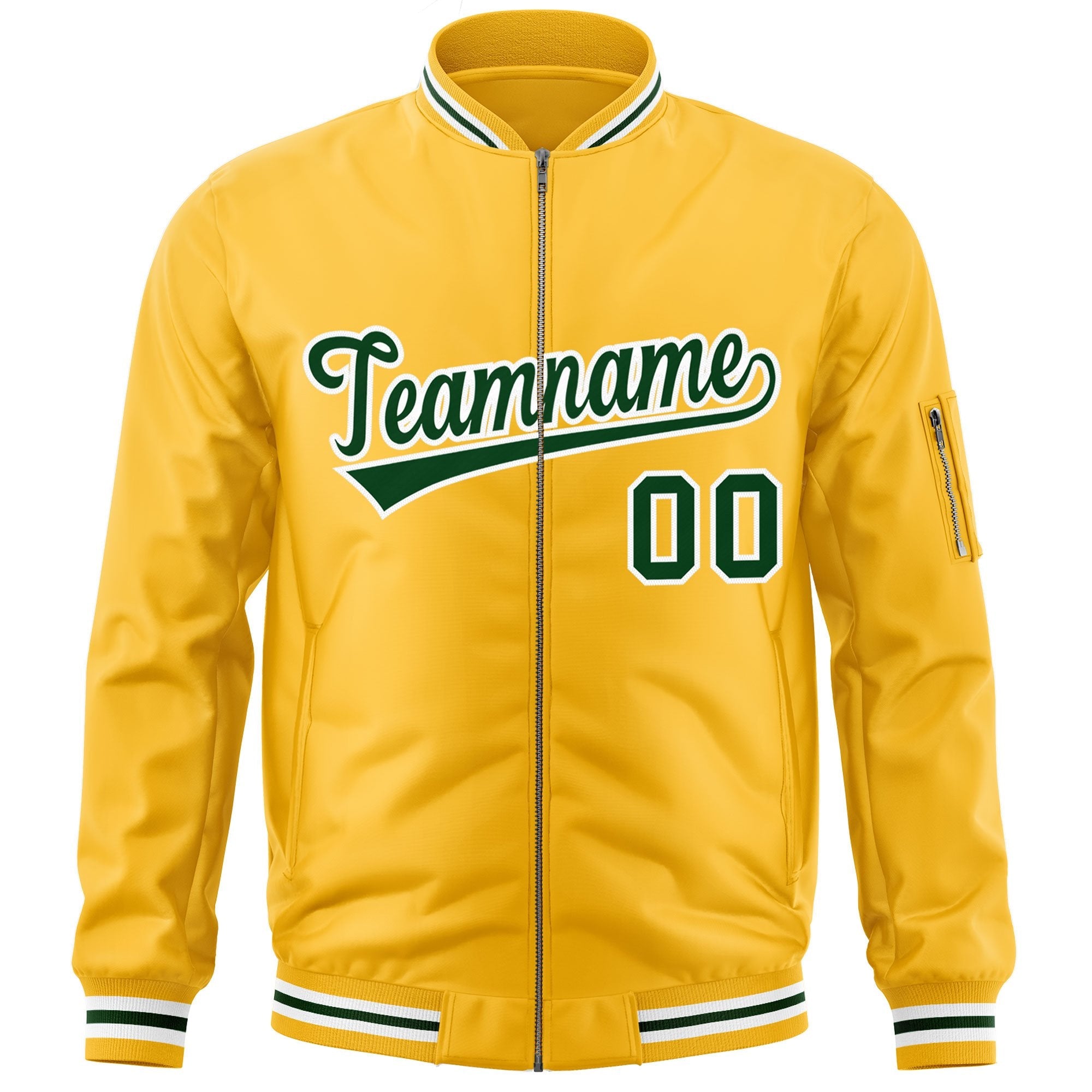 Custom Gold Green-White Varsity Full-Zip Letterman Bomber Jacket