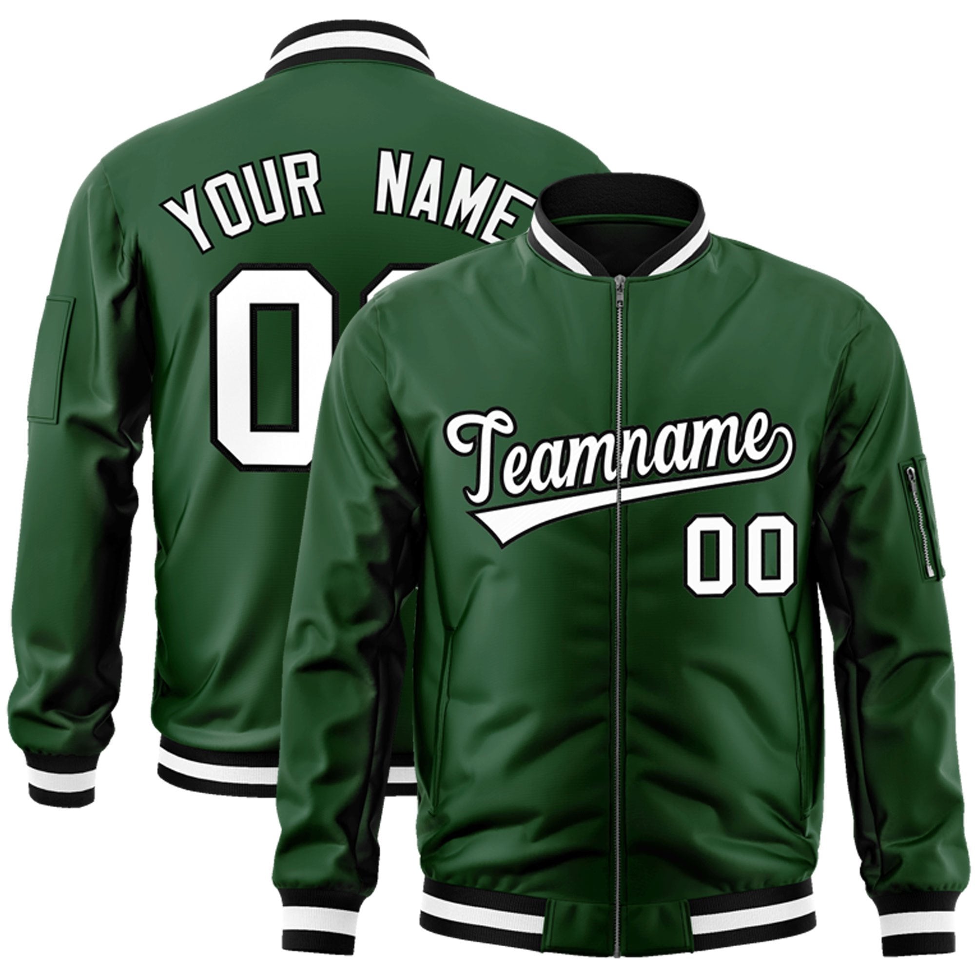 Custom Green White-Black Varsity Full-Zip Letterman Bomber Jacket