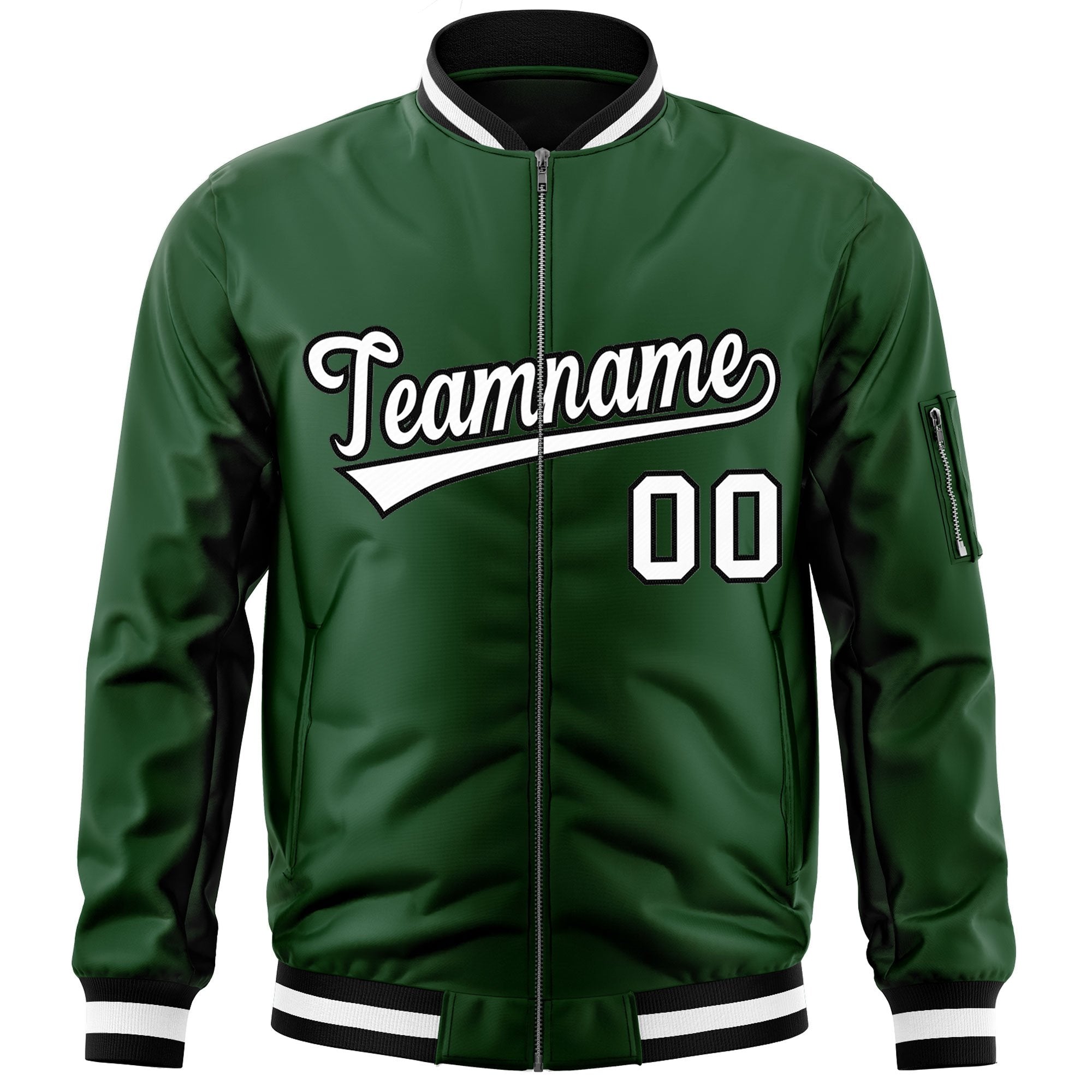 Custom Green White-Black Varsity Full-Zip Letterman Bomber Jacket