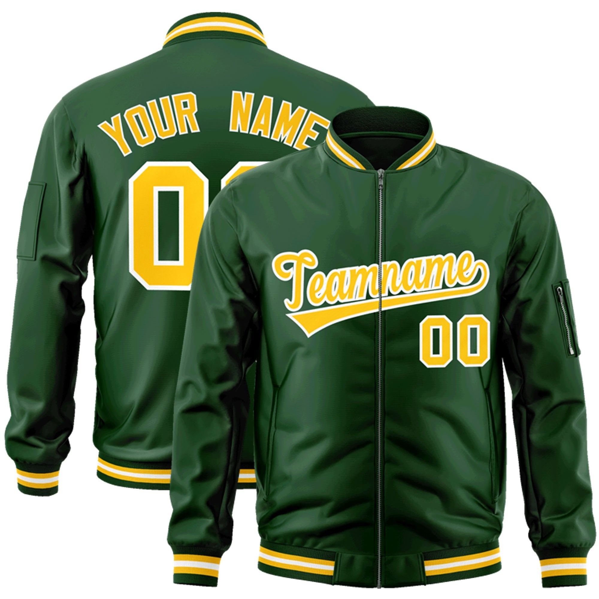 Custom Green Gold-White Varsity Full-Zip Letterman Bomber Jacket