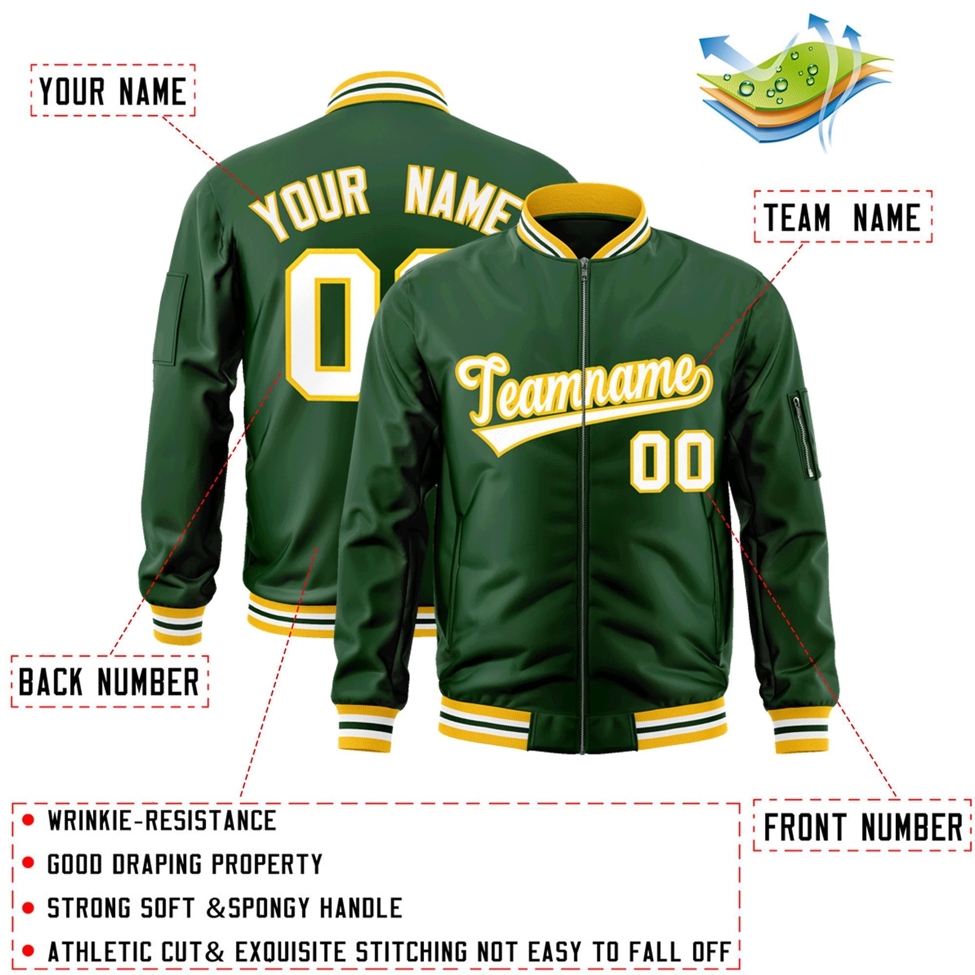 Custom Green White-Gold Varsity Full-Zip Letterman Bomber Jacket