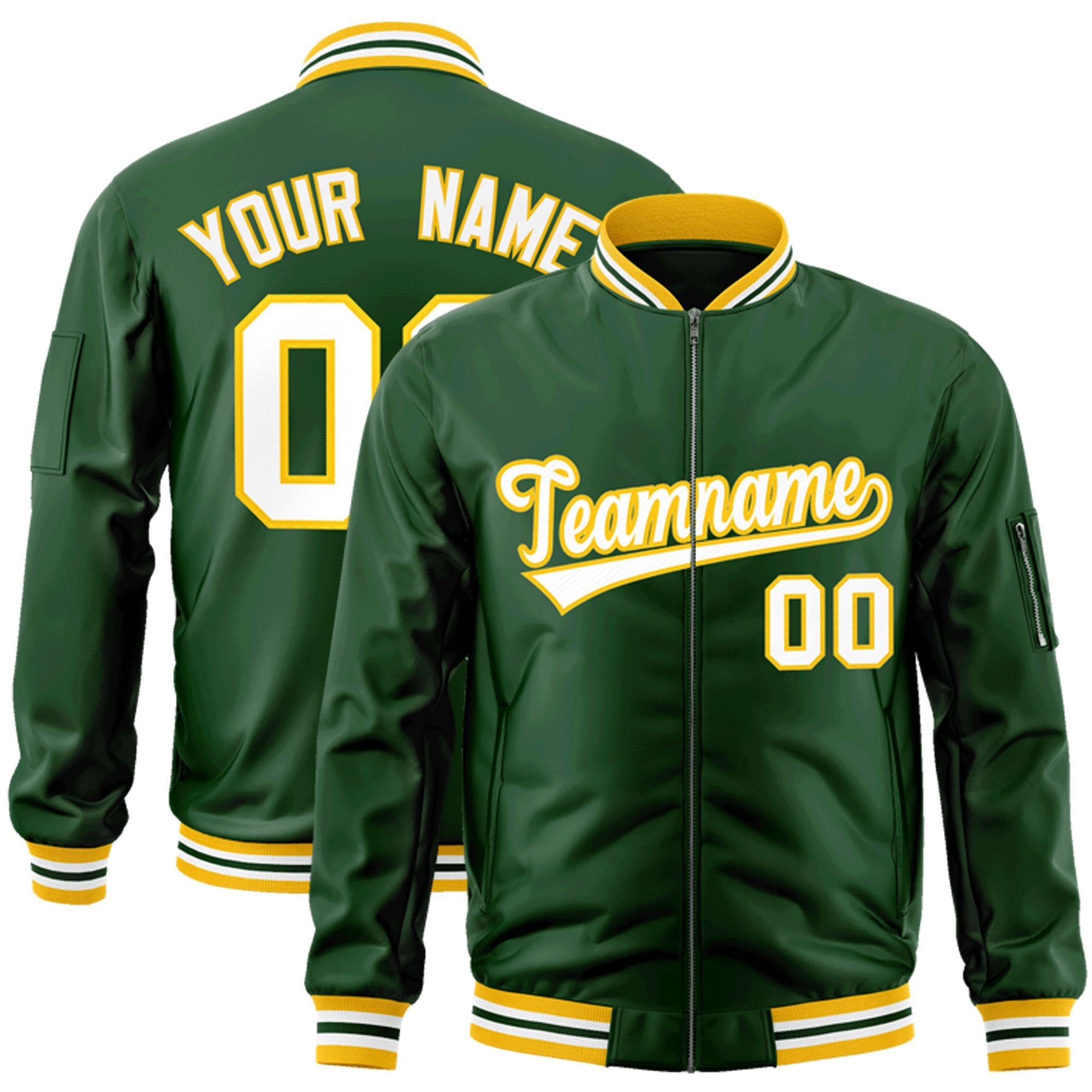 Custom Green White-Gold Varsity Full-Zip Letterman Bomber Jacket