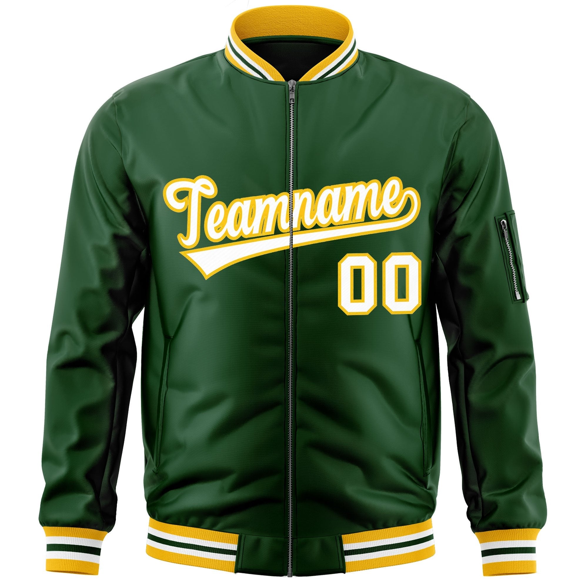 Custom Green White-Gold Varsity Full-Zip Letterman Bomber Jacket