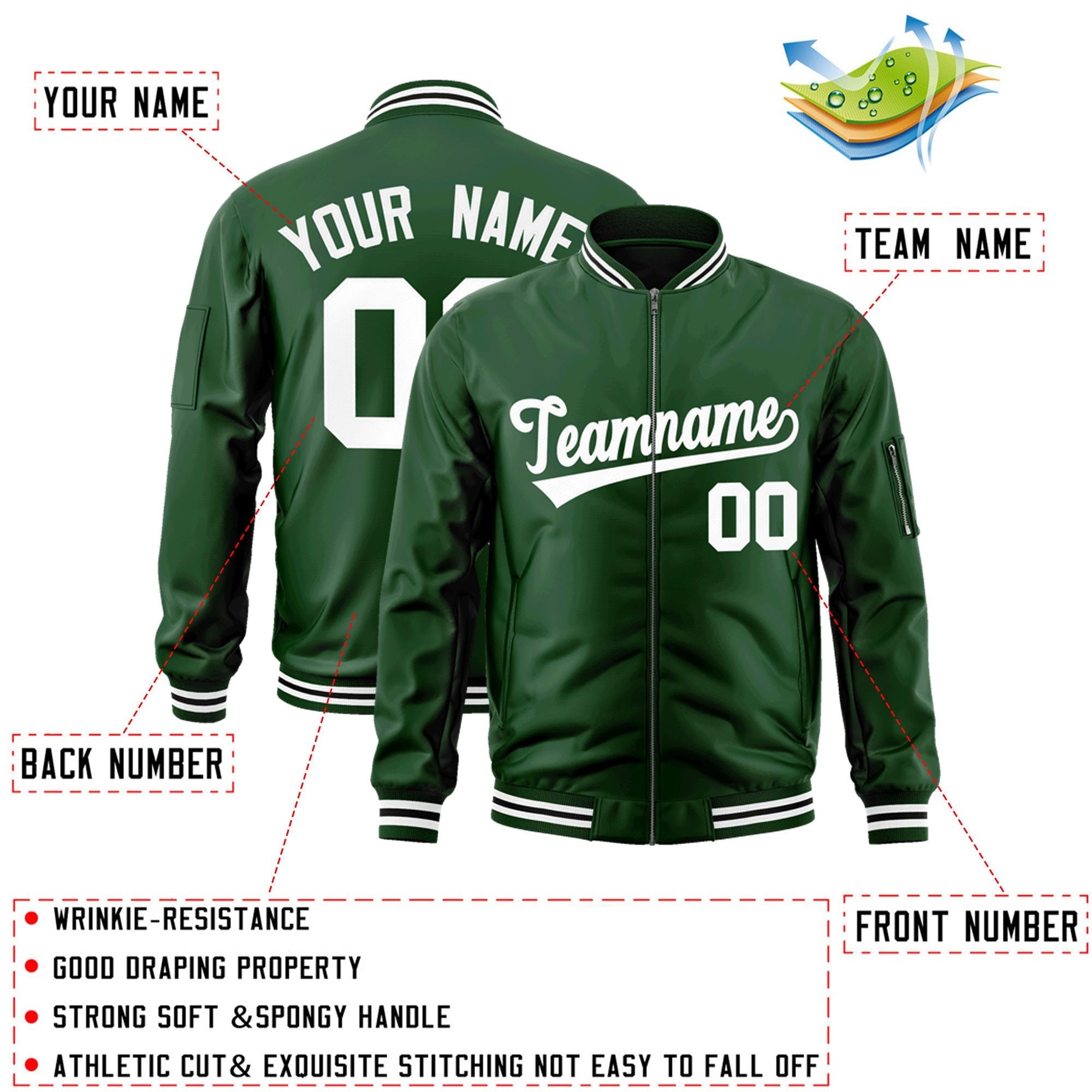 Custom Green White Varsity Full-Zip Letterman Bomber Jacket