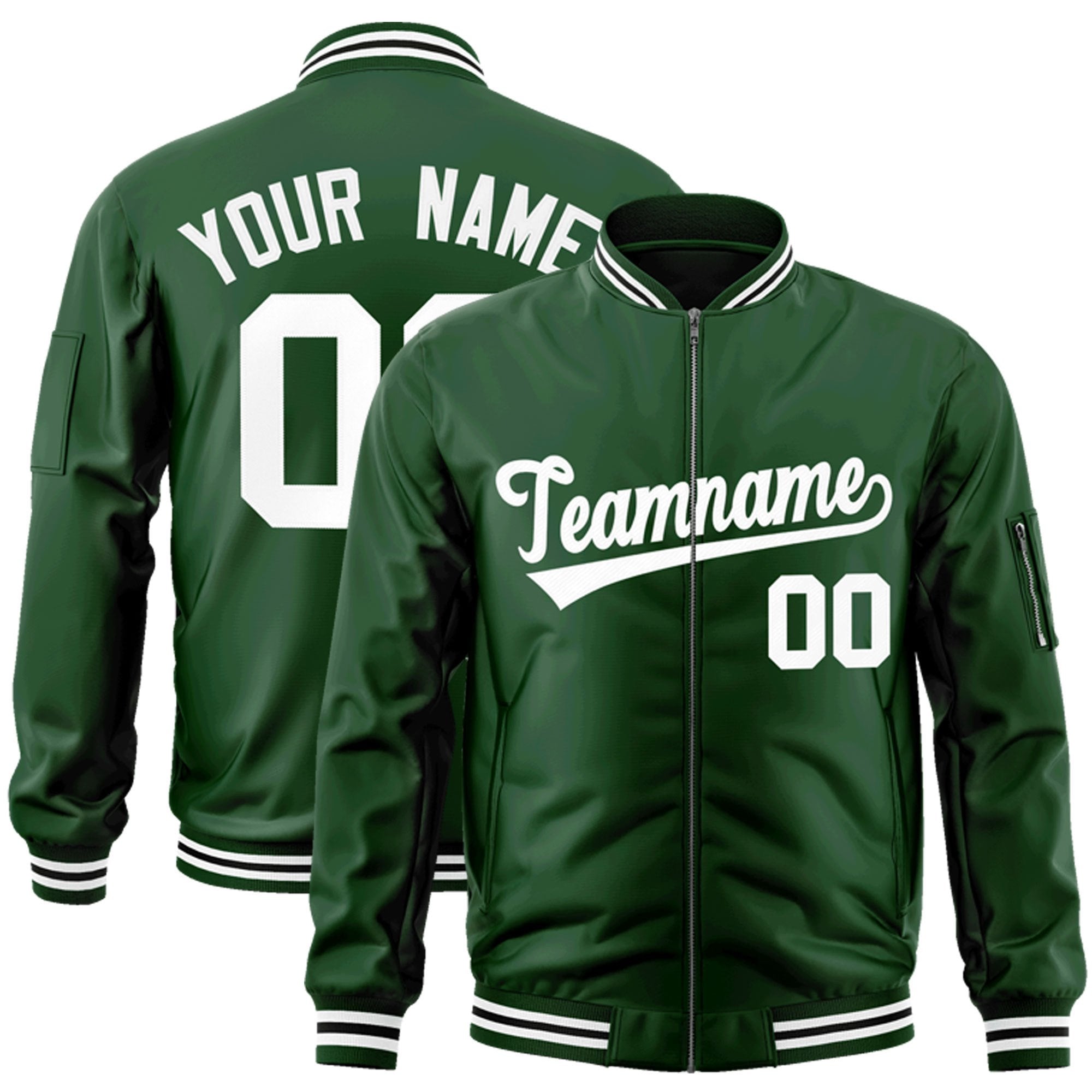 Custom Green White Varsity Full-Zip Letterman Bomber Jacket