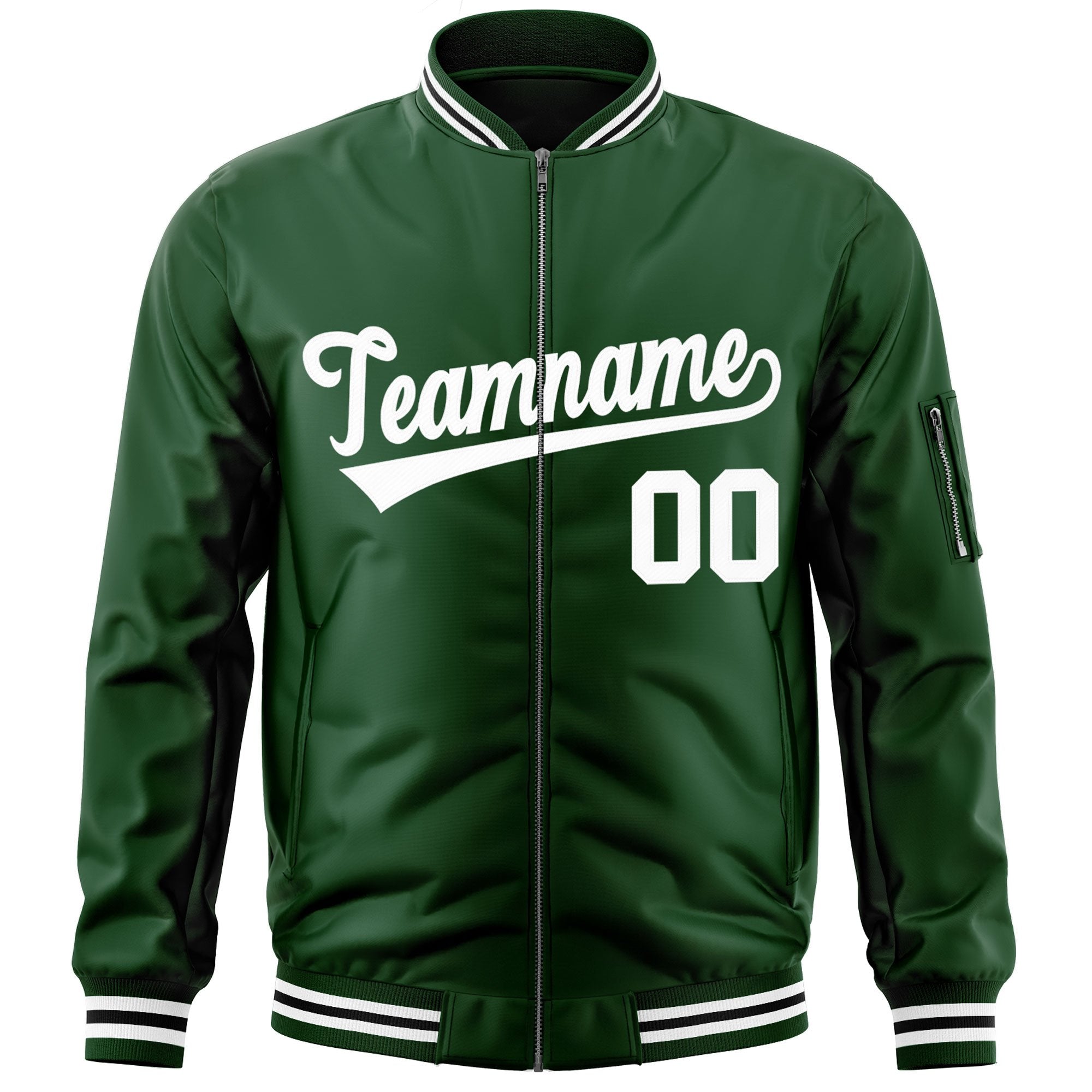 Custom Green White Varsity Full-Zip Letterman Bomber Jacket